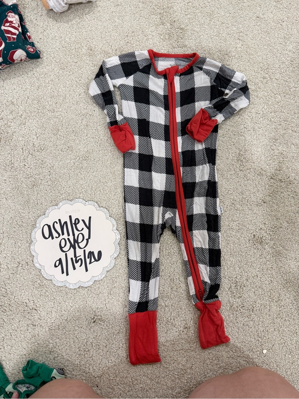 Little Sleepies Black & White Buffalo Plaid One-Piece with Red Trim